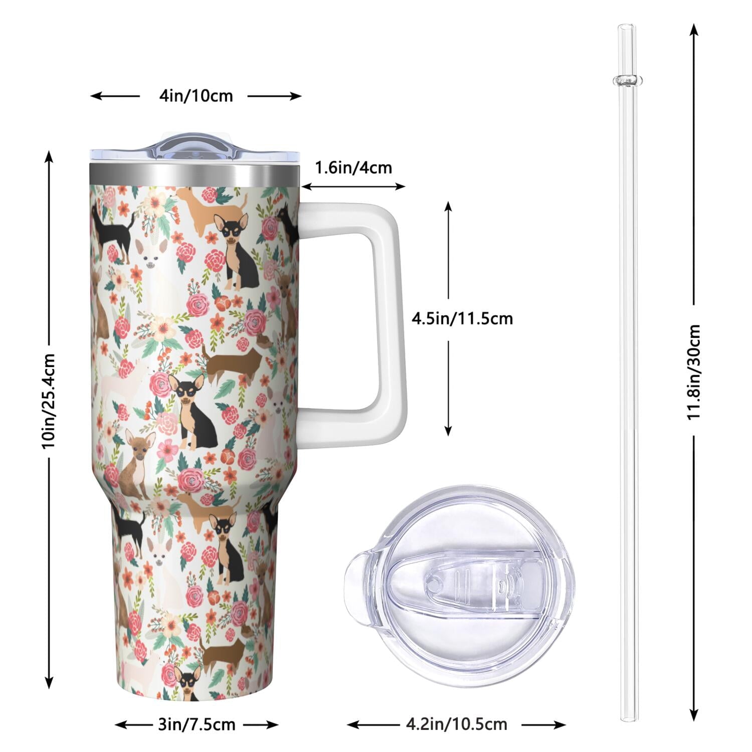 Dog Lover’s Travel Mug – 40oz Double Wall Stainless Steel Tumbler with Handle, Spill Proof Lid and Coffee Straw