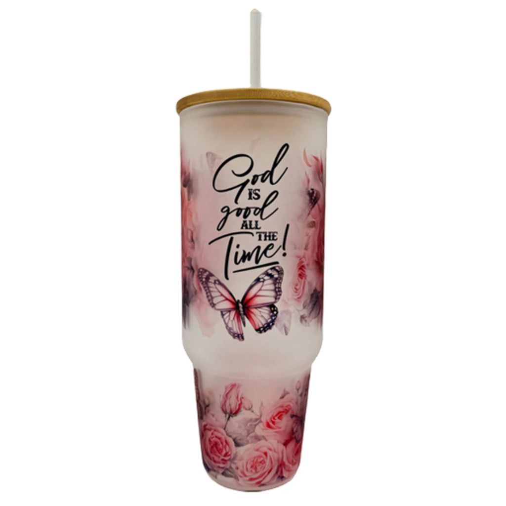 32oz or 40oz God Is Good All The Time custom Sublimation Printed Clear or Frost Glass Tumbler, Mug, Cup with Handle