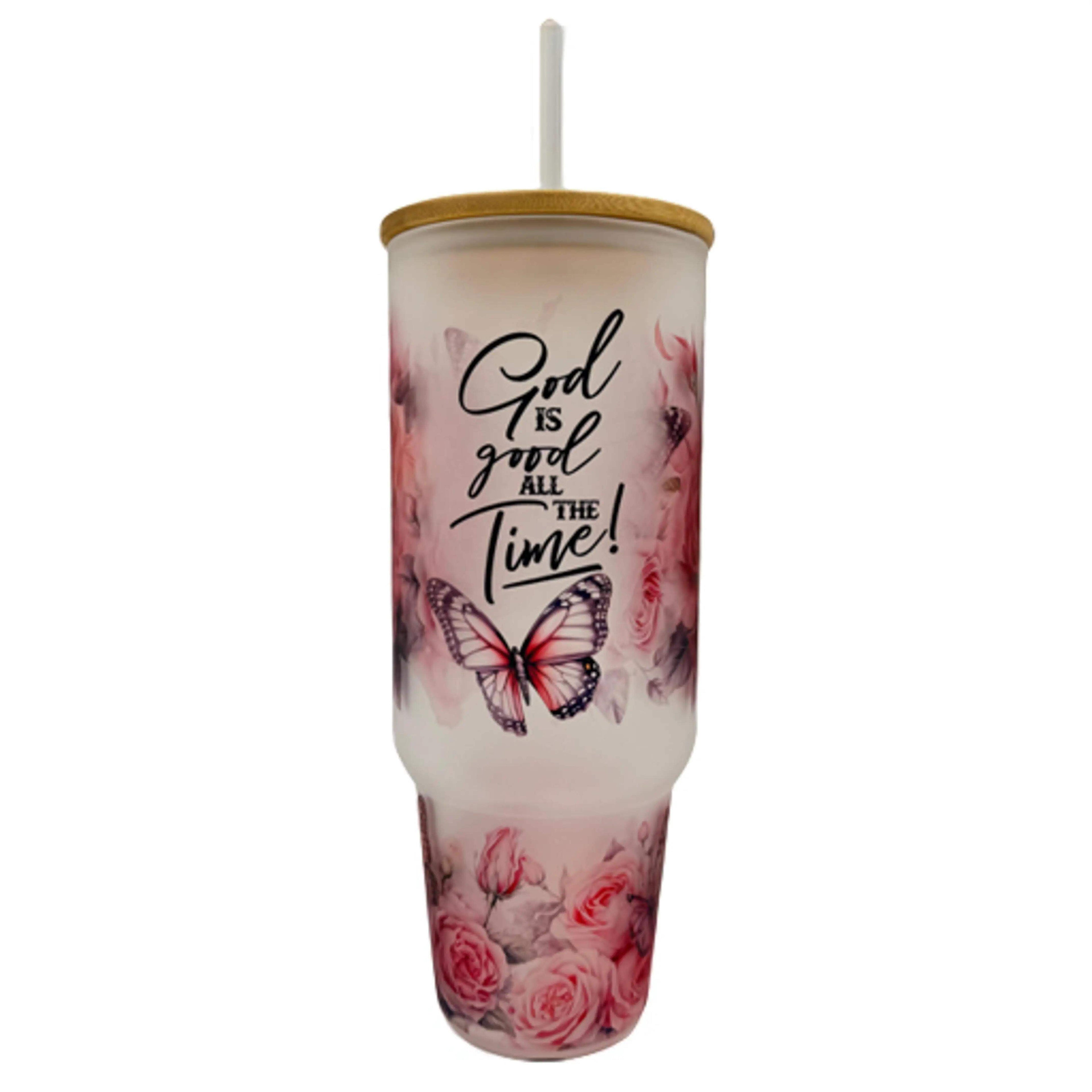 32oz or 40oz God Is Good All The Time custom Sublimation Printed Clear or Frost Glass Tumbler, Mug, Cup with Handle