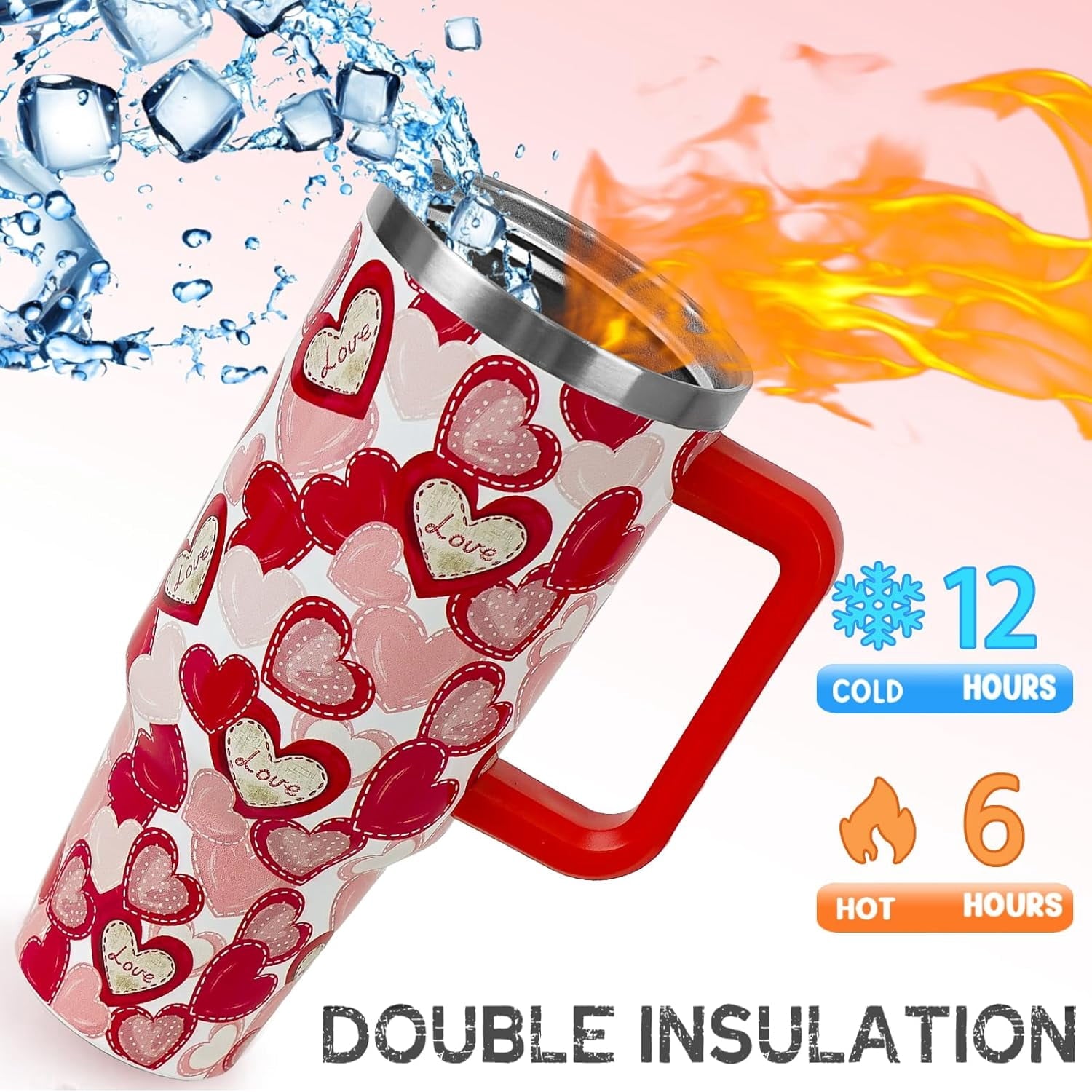 Valentines Tumbler with Handle 40 oz Red Love Hearts Coffee Travel Mug Stainless Steel Insulated Cup Valentines Anniversary Wedding Birthday Gifts for Women