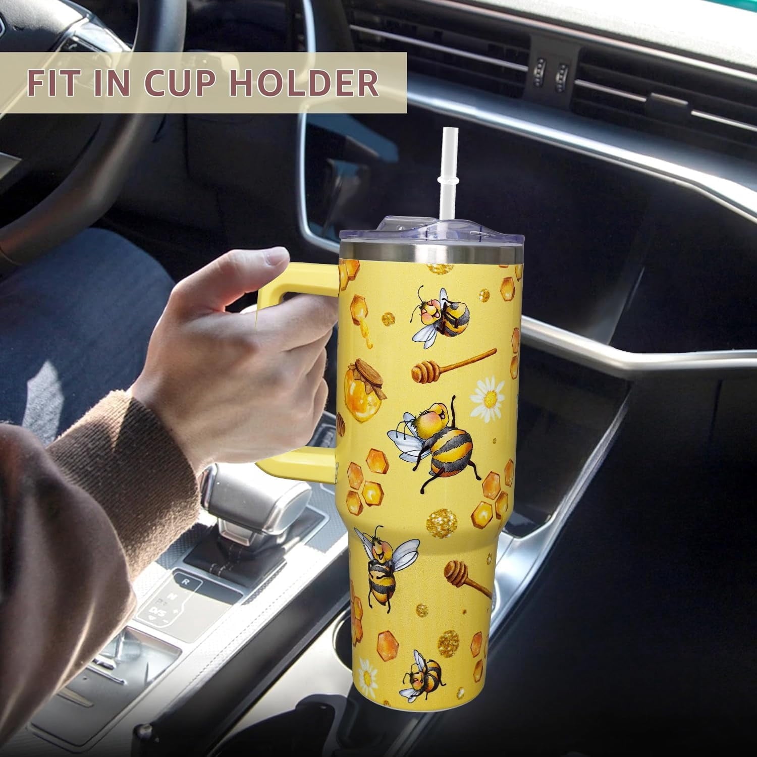 40oz Bee Tumbler With Handle Lid and Straw -Bee gifts for women Bee Travel Coffee Cup-Bee Gifts For Bee Lover-Bee Mugs