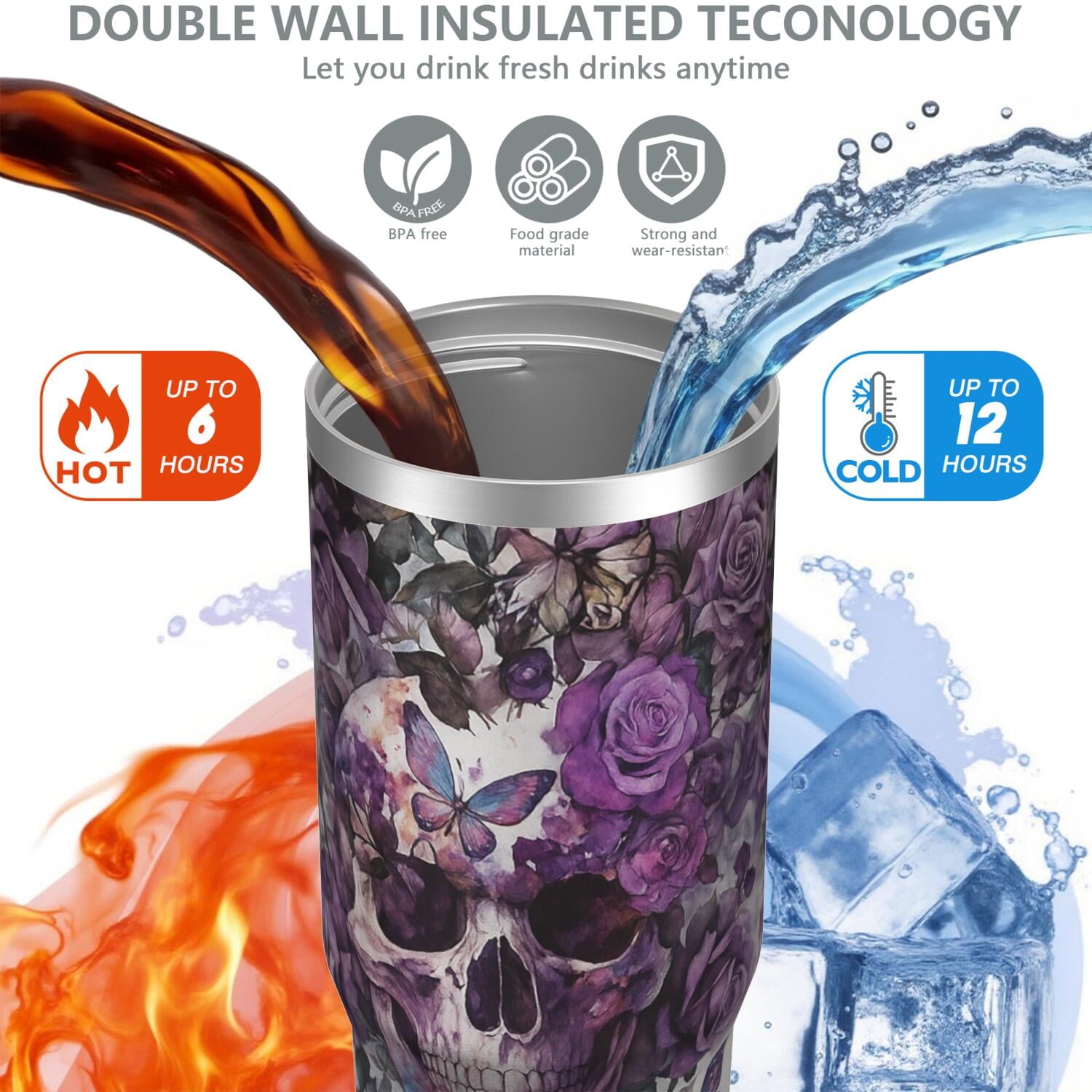 1pc Halloween Skull 30oz Tumbler with Straw & Handle - Insulated Stainless Steel Cup | Holiday Gift for Man Women (Christmas, Valentine's, Birthday)