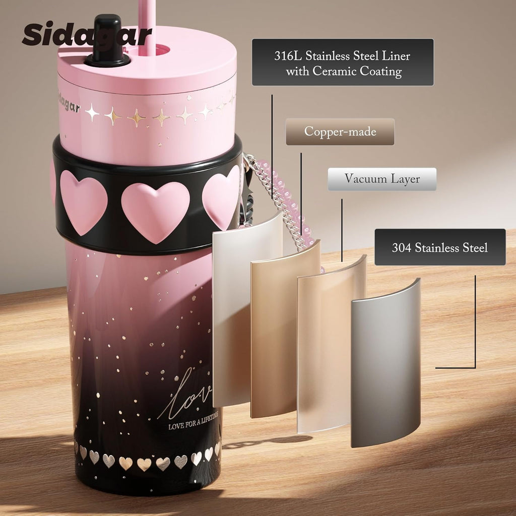 Sidagar 24oz Ceramic Coated Insulated Tumbler with Straw, Gift Travel Mug for Women and Couples, Pink