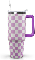 40 Oz Checkered Tumbler with Handle Lid and Straw, Purple Checkered Tumbler Water Bottle Travel Coffee Cup Mug,Checkered Gifts for Women