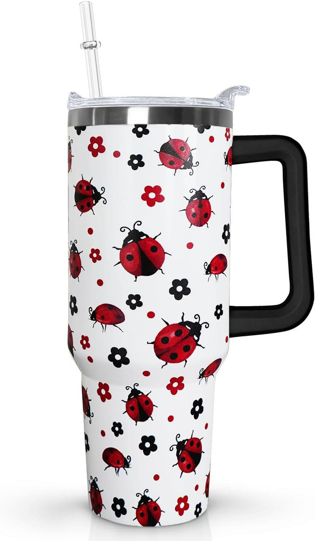 40 Oz Ladybug Tumbler With Handle - Coffee Travel Mug Cup Water Bottle, Strawberry Decor - Gifts for Women