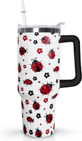 40 Oz Ladybug Tumbler With Handle - Coffee Travel Mug Cup Water Bottle, Strawberry Decor - Gifts for Women