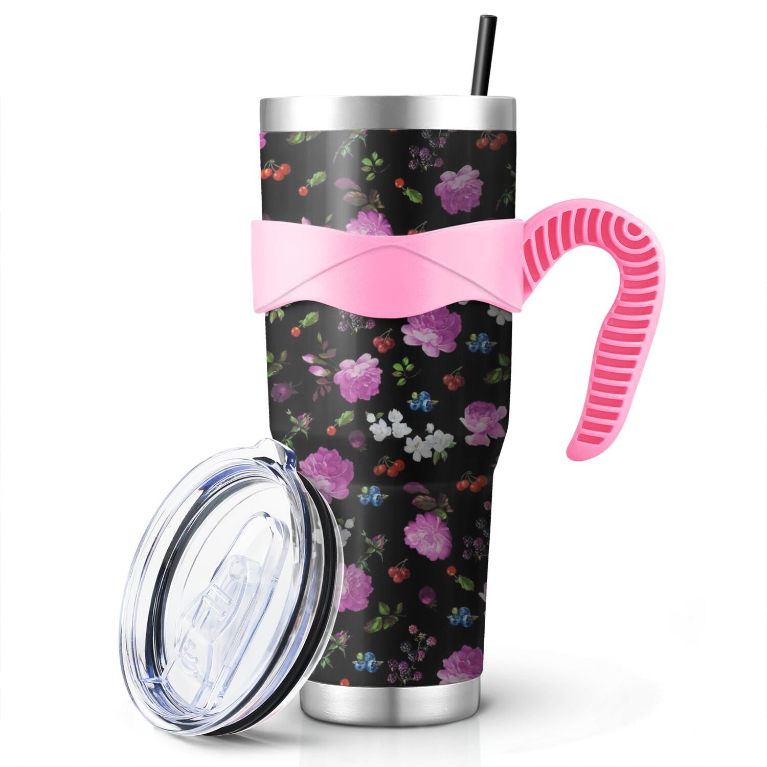 40 Oz Pioneer Tumbler with Handle and Silicone Straws,Colorful Floral Double Wall Vacuum Insulated Stainless Steel Travel Mug Leak-Proof Coffee Cup on Screw Lid and Straw Pink