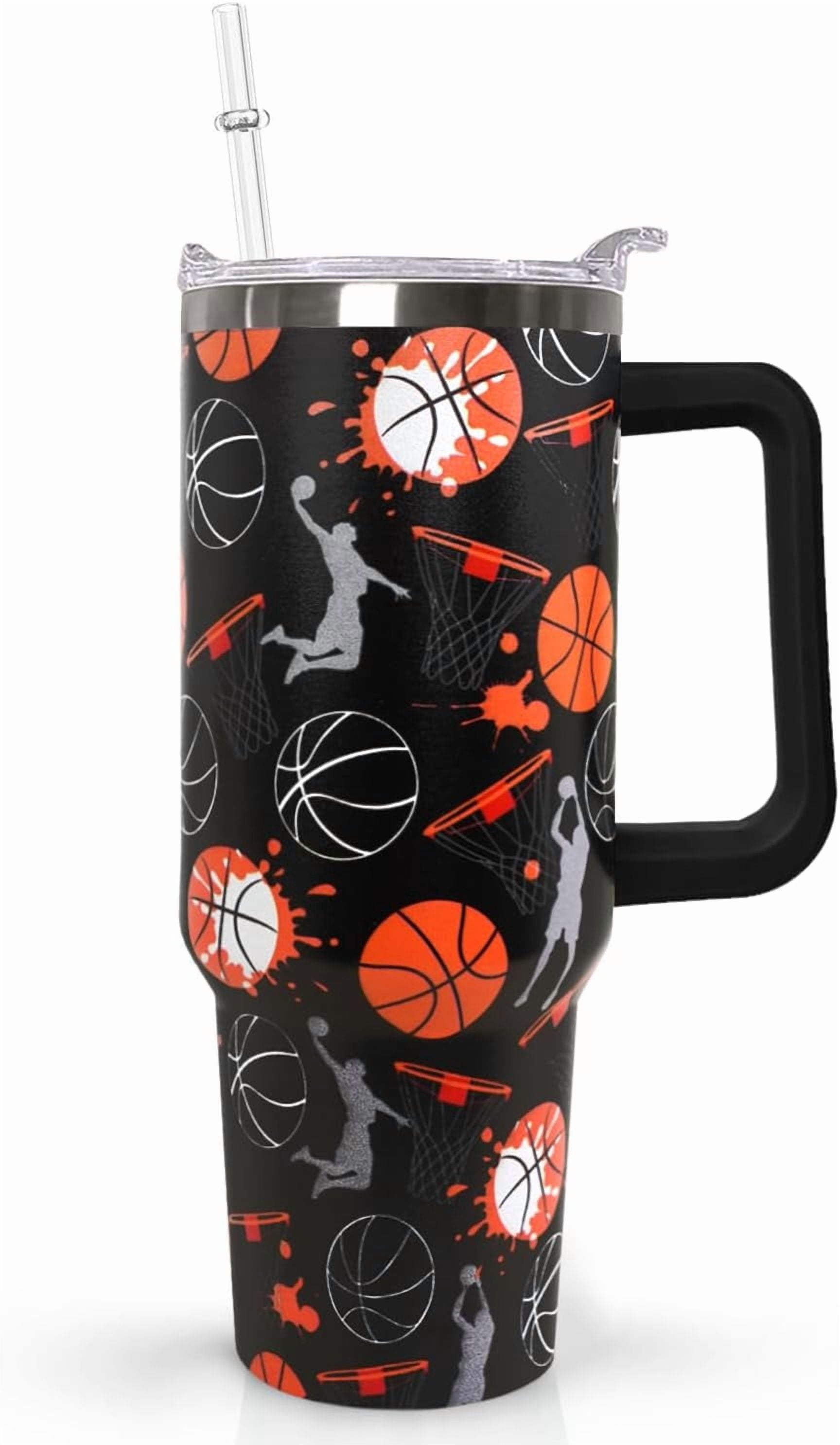 40 oz Basketball Coffee Mug Cup Vacuum Insulated Travel Tumbler with Handle Lid and Straw,Basketball Coach Gifts,Accessories Stuff