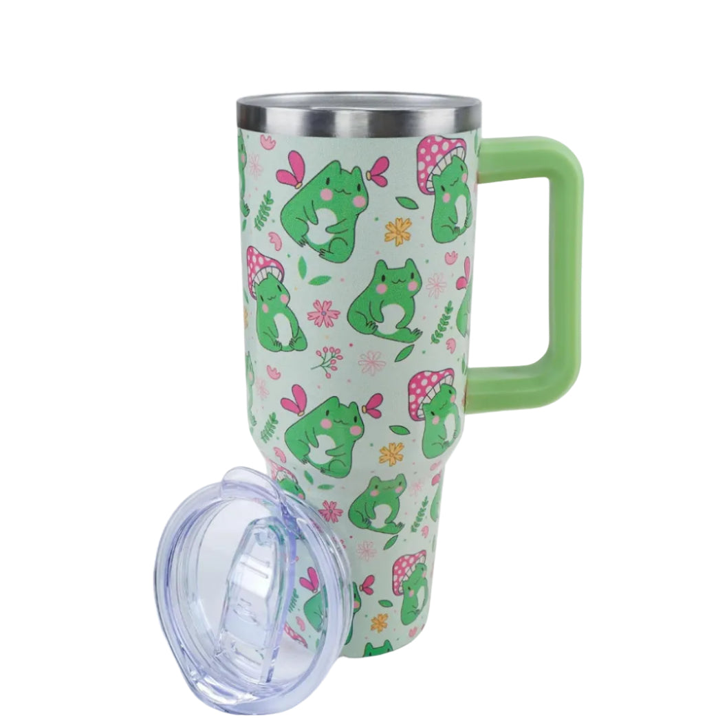 40 oz Frog Mushroom Tumbler with Handle and Straw, Travel Mug Water Bottle, Stainless Steel Insulated Cup with Lid and Straw, Birthday Christmas Gifts