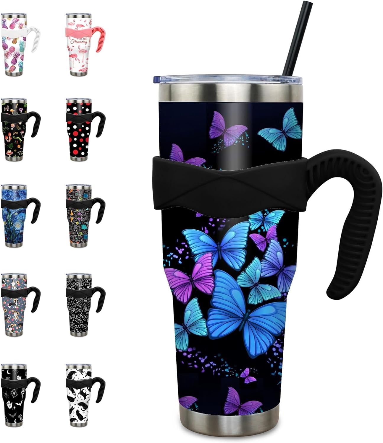 40 oz Tumbler with Handle and Straw 40oz Blue Purple Butterfly Cup Insulated Coffee Travel Mug Spill Proof Leak Proof 40 ounce Stainless Steel Slim 40 oz tumbler with handle and Lid