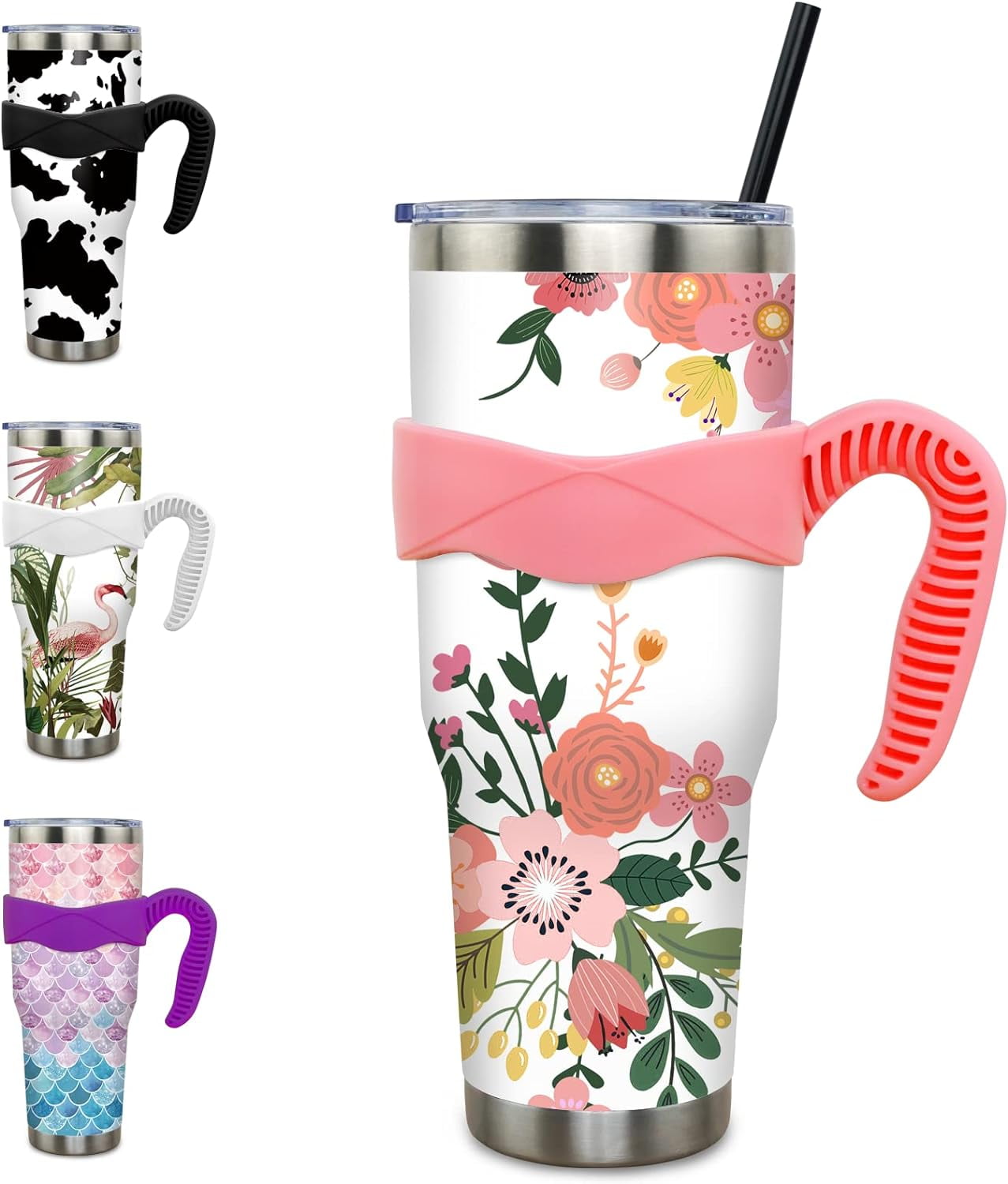 40 oz Tumbler with Handle and Straw 40oz Blue Purple Butterfly - Insulated Travel Coffee Mug