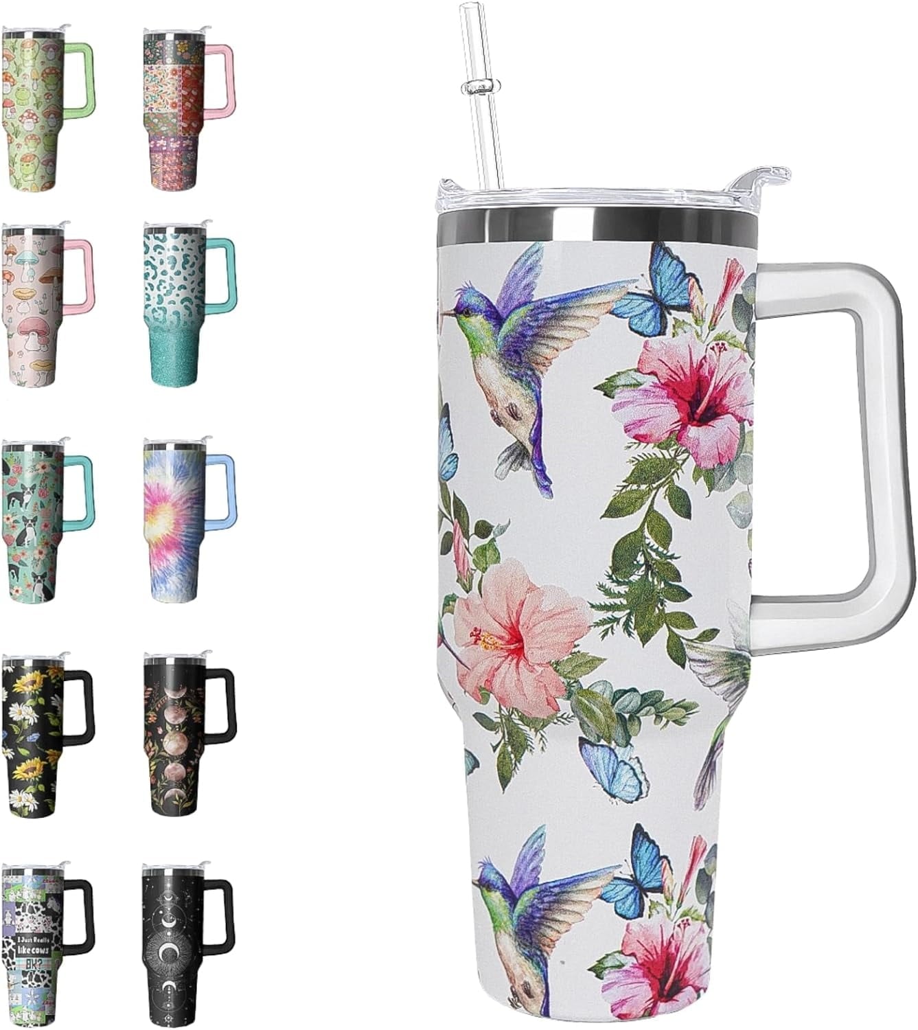 40 oz Tumbler with Handle and Straw Leak Proof Tumbler 40 oz Insulated Cup with Handle Hummingbird Coffee Travel Mug 40 oz Hummingbird Tumbler with Handle Hummingbird Gifts for Women