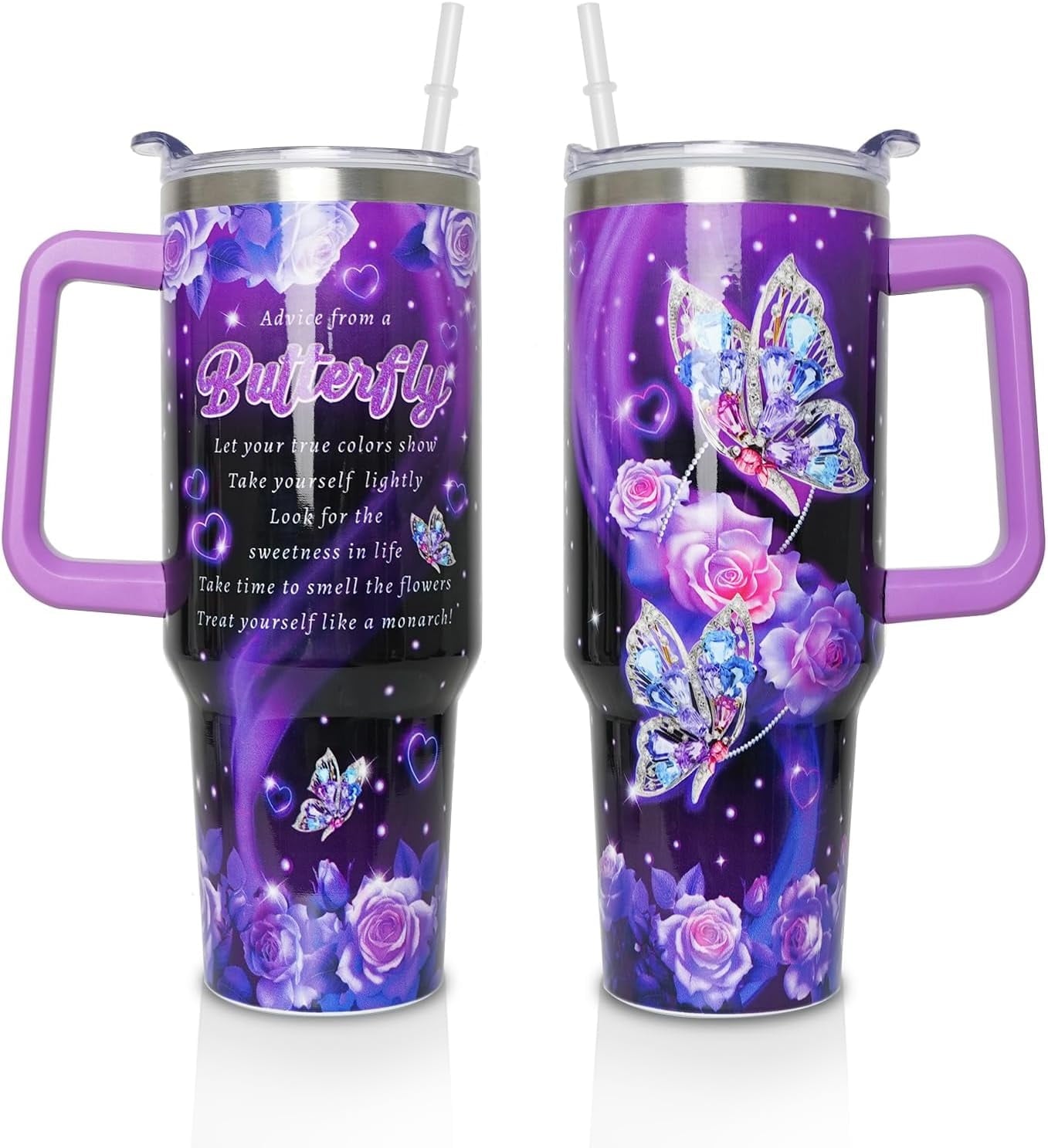 40 oz Tumbler with Handle and Straw Lid, Purple Butterfly Insulated Cup, Double Vacuum Leak Proof Coffee Travel Mug, Flower Stainless Steel Water Bottle Gifts for Women Girls