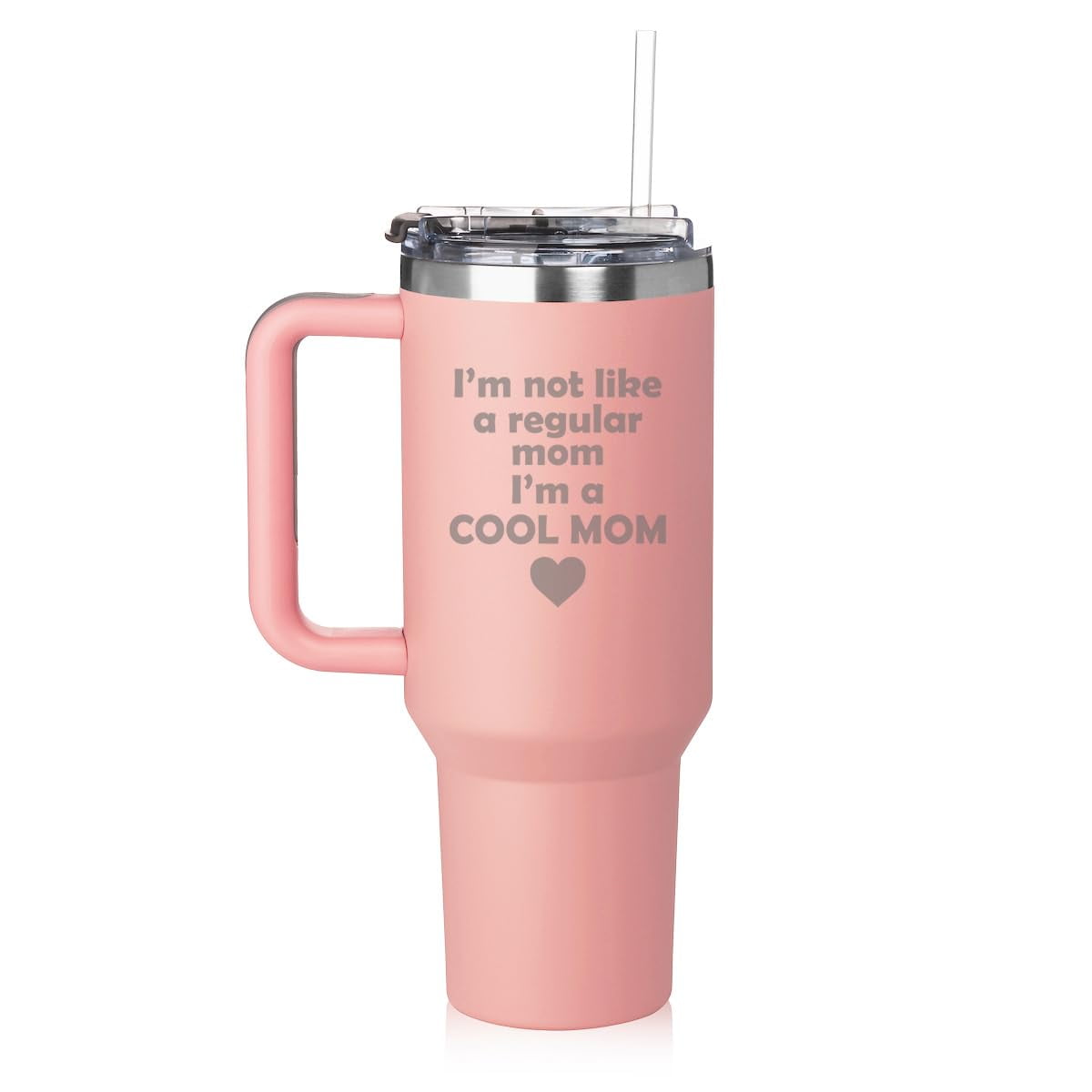 40 oz Tumbler with Handle and Straw Lid Stainless Steel Insulated Travel Mug Cup I'm not a regular mom I'm a cool mom (Pink)