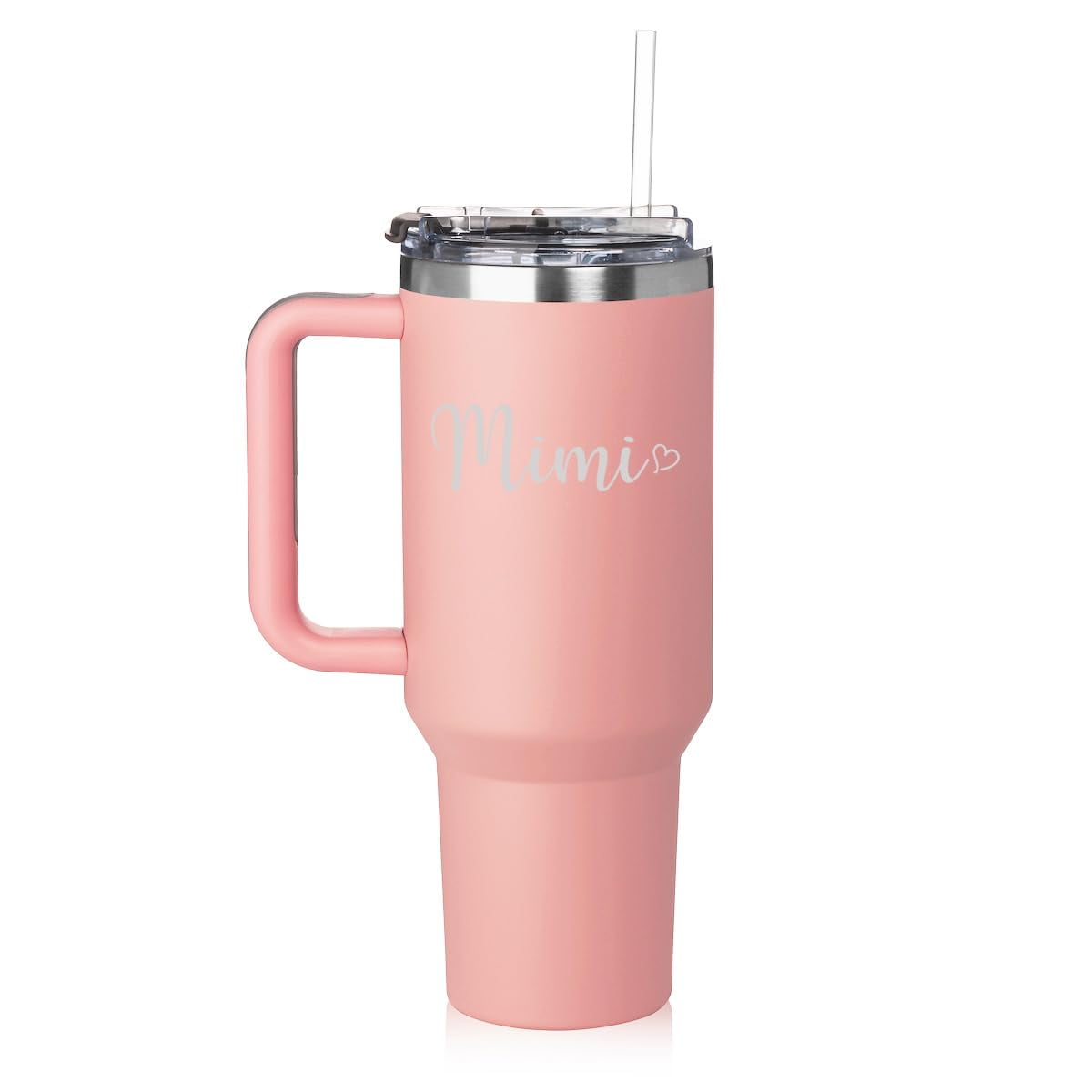 40 oz Tumbler with Handle and Straw Lid Stainless Steel Insulated Travel Mug Cup Mimi With Heart (Pink)