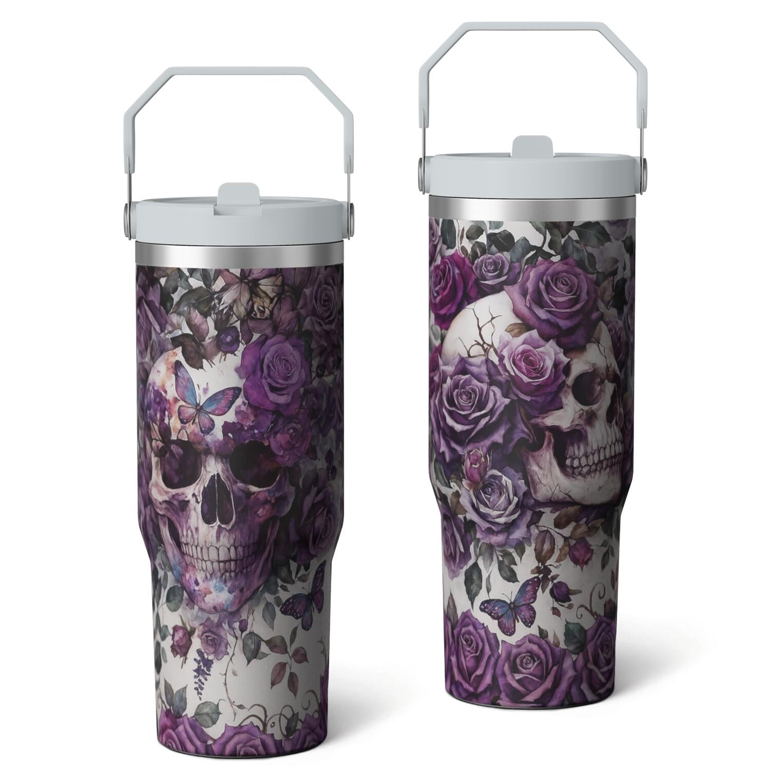 1pc Halloween Skull 30oz Tumbler with Straw & Handle - Insulated Stainless Steel Cup | Holiday Gift for Man Women (Christmas, Valentine's, Birthday)
