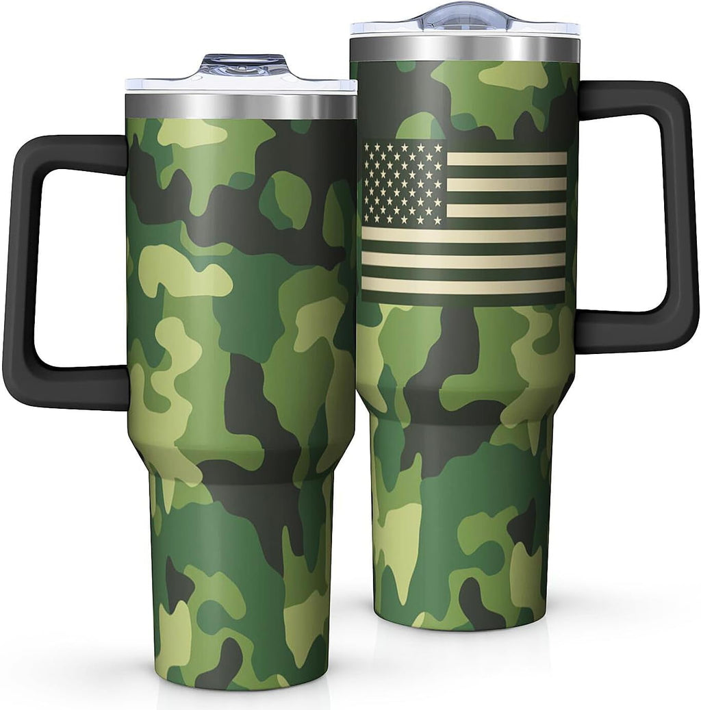 40oz Camo American Flag Tumbler, Patriotic Military Gifts For Veterans, Policemen And Policewomen Gifts From Family Friends,Stainless Steel Insulated Cup With Lid,Travel Coffee Mug