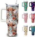 40oz Cute Highland Cow Tumbler with Handle and Straw, Animal Lovers Gifts for Women, Cattle Stainless Steel Travel Mug Water Bottle, Vacuum Insulated Cup with Lid