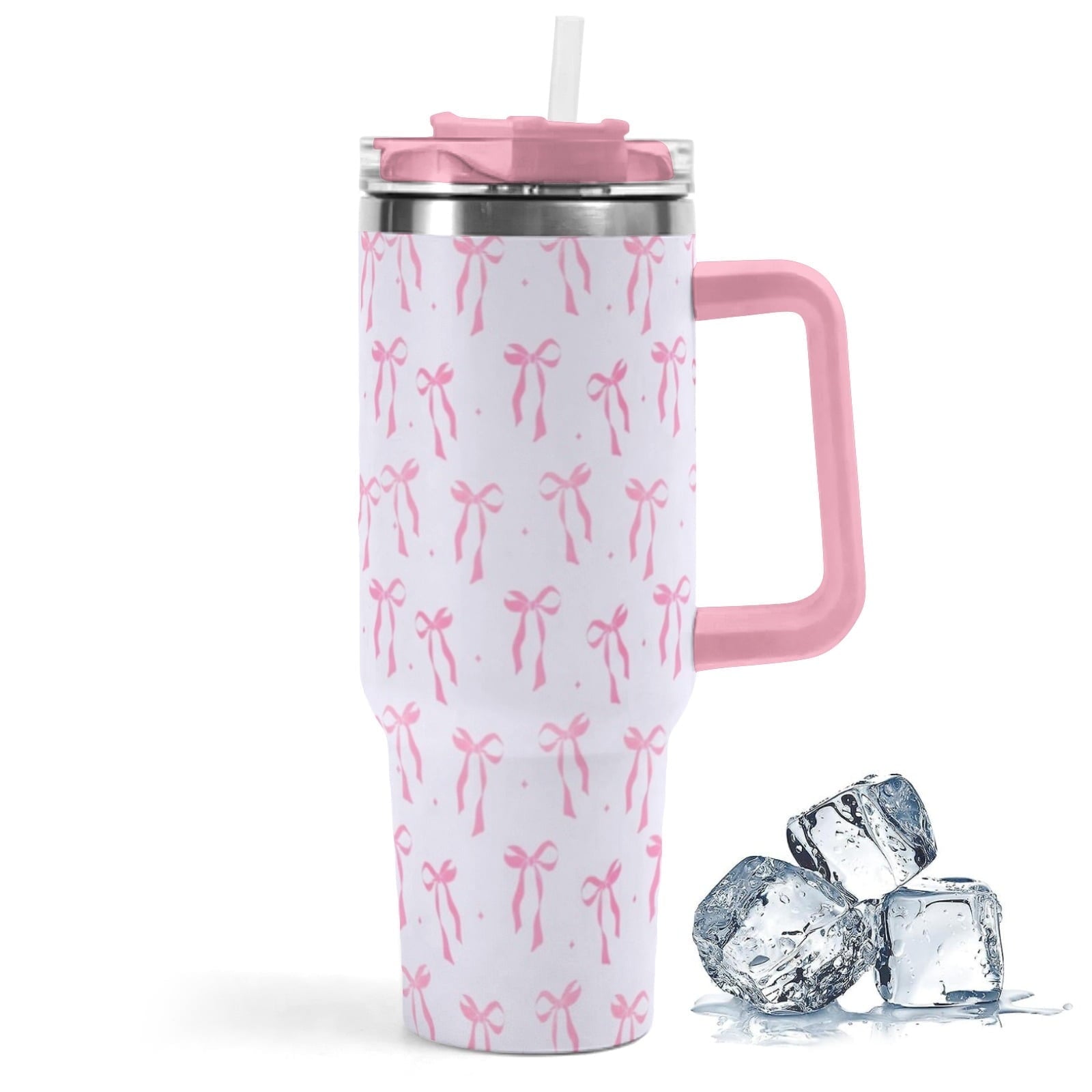 40oz Elegant Pink Bow Tumbler - Insulated Travel Mug with Handle, Reusable Straw & Leak-Proof Lid|Women's Gift for Birthday, Mother's Day, Valentine's & Holidays