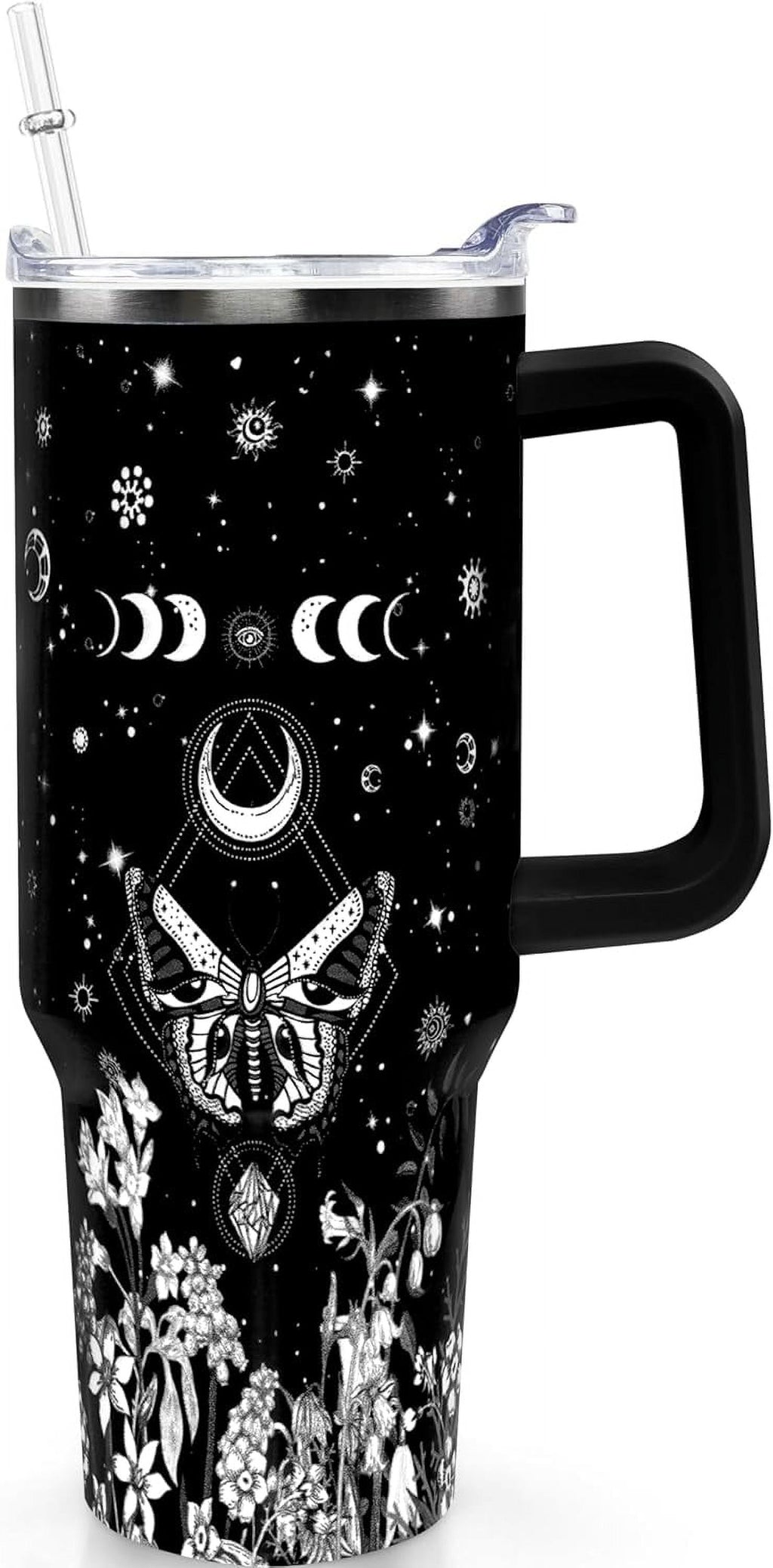 40oz Goth Gothic Tumbler with Handle and Straw, Stainless Steel Vacuum Insulated Flip Straw Butterfly Moon Tumbler, Spill Proof Travel Mug, Witch Decor Gifts for Women