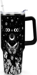 40oz Goth Gothic Tumbler with Handle and Straw, Stainless Steel Vacuum Insulated Flip Straw Butterfly Moon Tumbler, Spill Proof Travel Mug, Witch Decor Gifts for Women