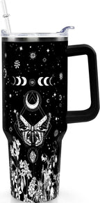 40oz Goth Gothic Tumbler with Handle and Straw, Stainless Steel Vacuum Insulated Flip Straw Butterfly Moon Tumbler, Spill Proof Travel Mug, Witch Decor Gifts for Women