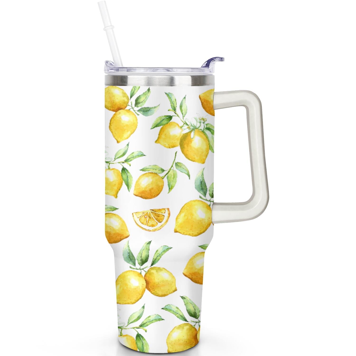 40oz Lemon Tumbler Lemon Theme 40 oz Tumbler with Handle & Straw Spill Proof Lid Double Insulated Mug Gifts for Lemon Men Women