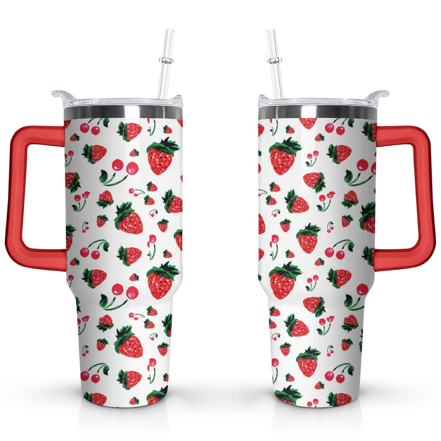 40oz Red Cherry Fruit Pattern Stainless Steel Flip Straw Tumbler Spill - Reusable Stainless Steel Cup