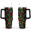 40oz Red Cherry Fruit Pattern Stainless Steel Flip Straw Tumbler Spill Proof Travel Cup Double Wall Vacuum Insulated Coffee Mug with Top Handle