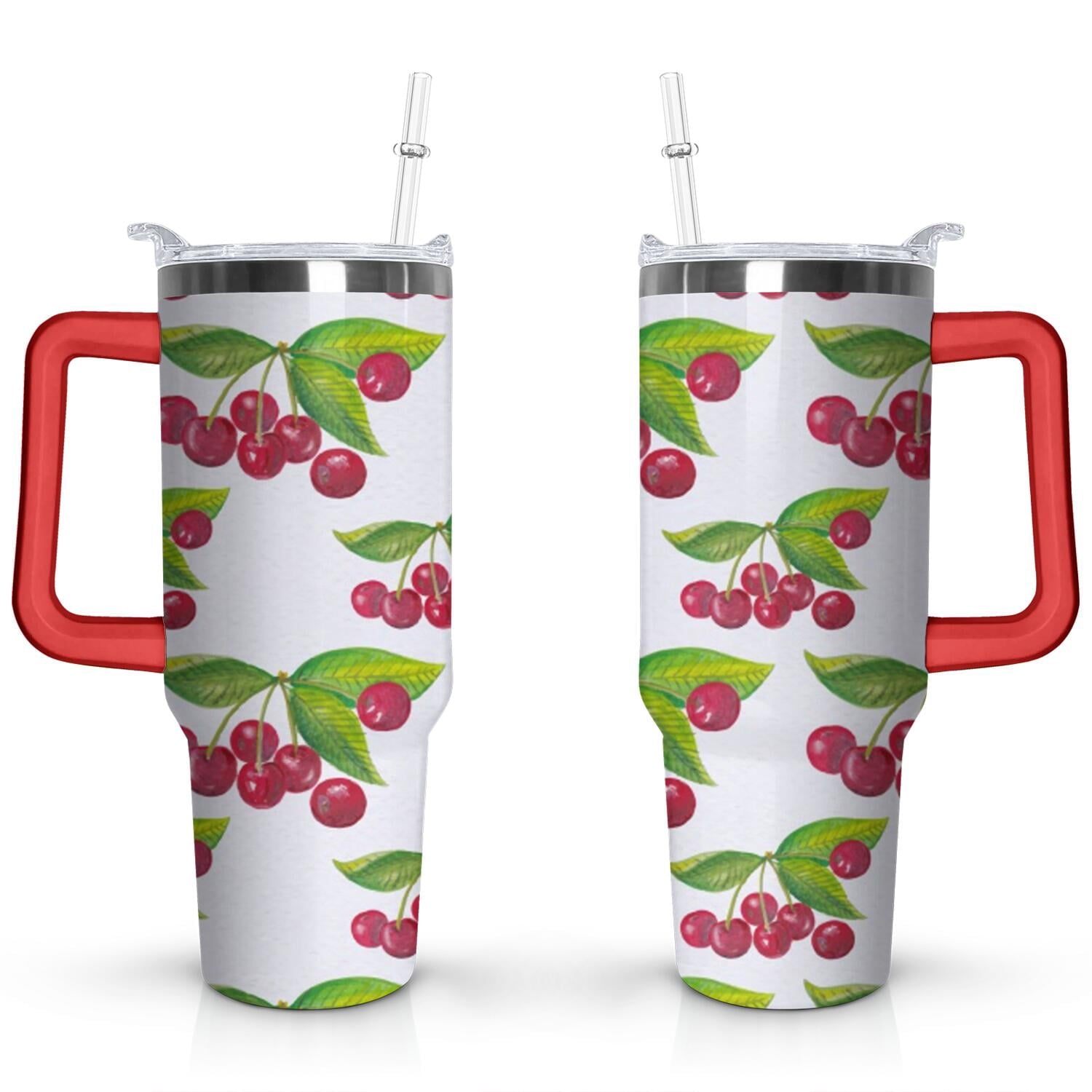 40oz Red Cherry Fruit Pattern Stainless Steel Flip Straw Tumbler Spill - Reusable Stainless Steel Cup