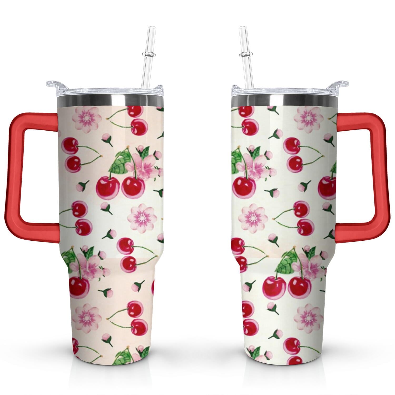 40oz Red Cherry Fruit Pattern Stainless Steel Flip Straw Tumbler Spill - Reusable Stainless Steel Cup