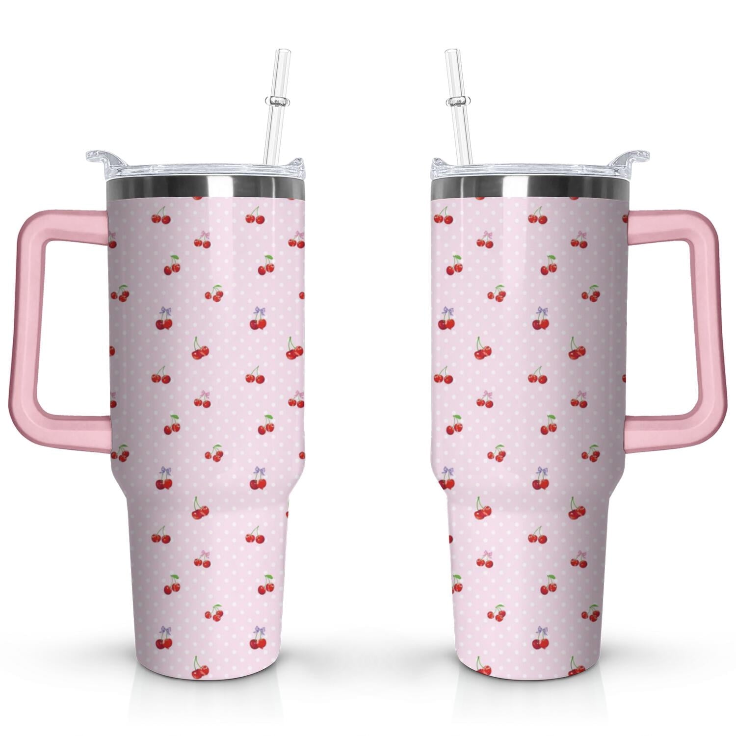 40oz Red Cherry Fruit Pattern Stainless Steel Flip Straw Tumbler Spill - Reusable Stainless Steel Cup