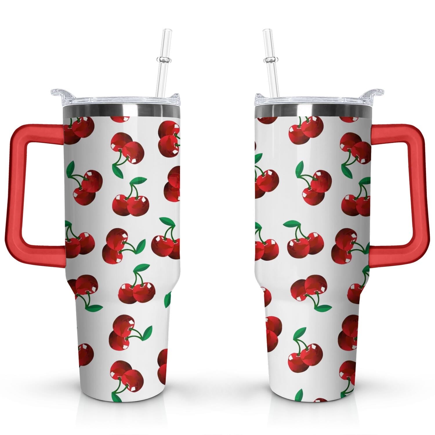 40oz Red Cherry Fruit Pattern Stainless Steel Flip Straw Tumbler Spill - Reusable Stainless Steel Cup
