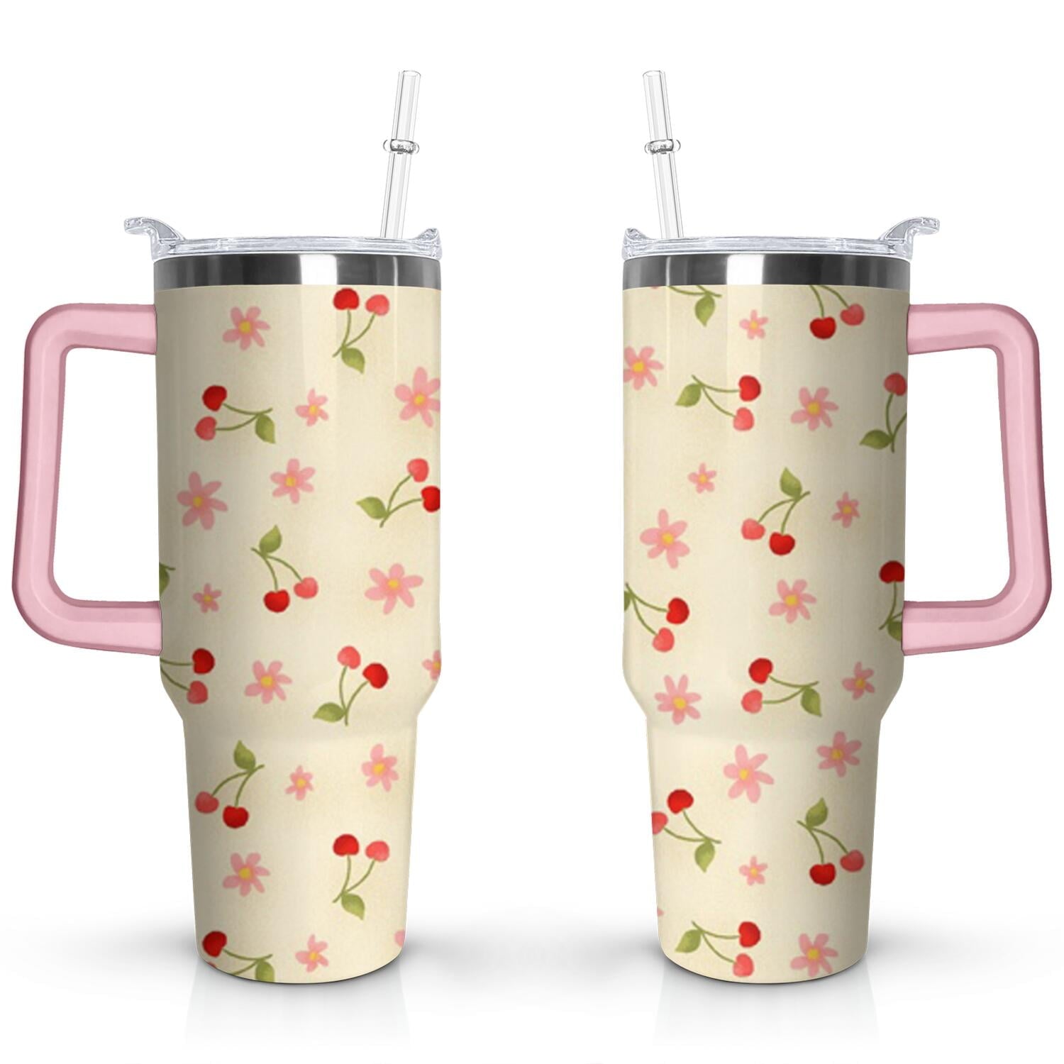 40oz Red Cherry Fruit Pattern Stainless Steel Flip Straw Tumbler Spill - Reusable Stainless Steel Cup