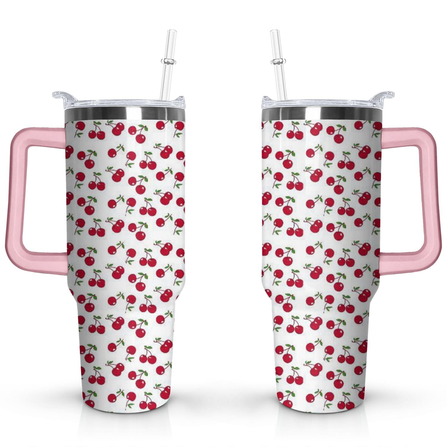 40oz Red Cherry Fruit Pattern Stainless Steel Flip Straw Tumbler Spill - Reusable Stainless Steel Cup