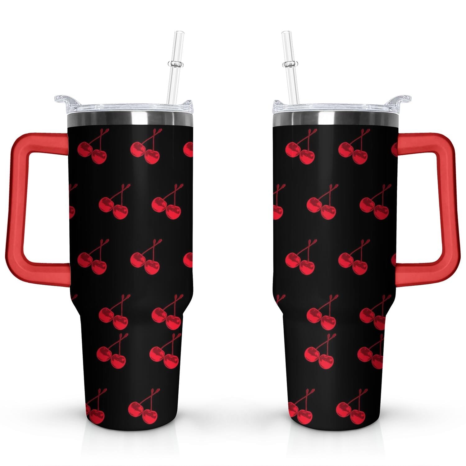 40oz Red Cherry Fruit Pattern Stainless Steel Flip Straw Tumbler Spill - Reusable Stainless Steel Cup