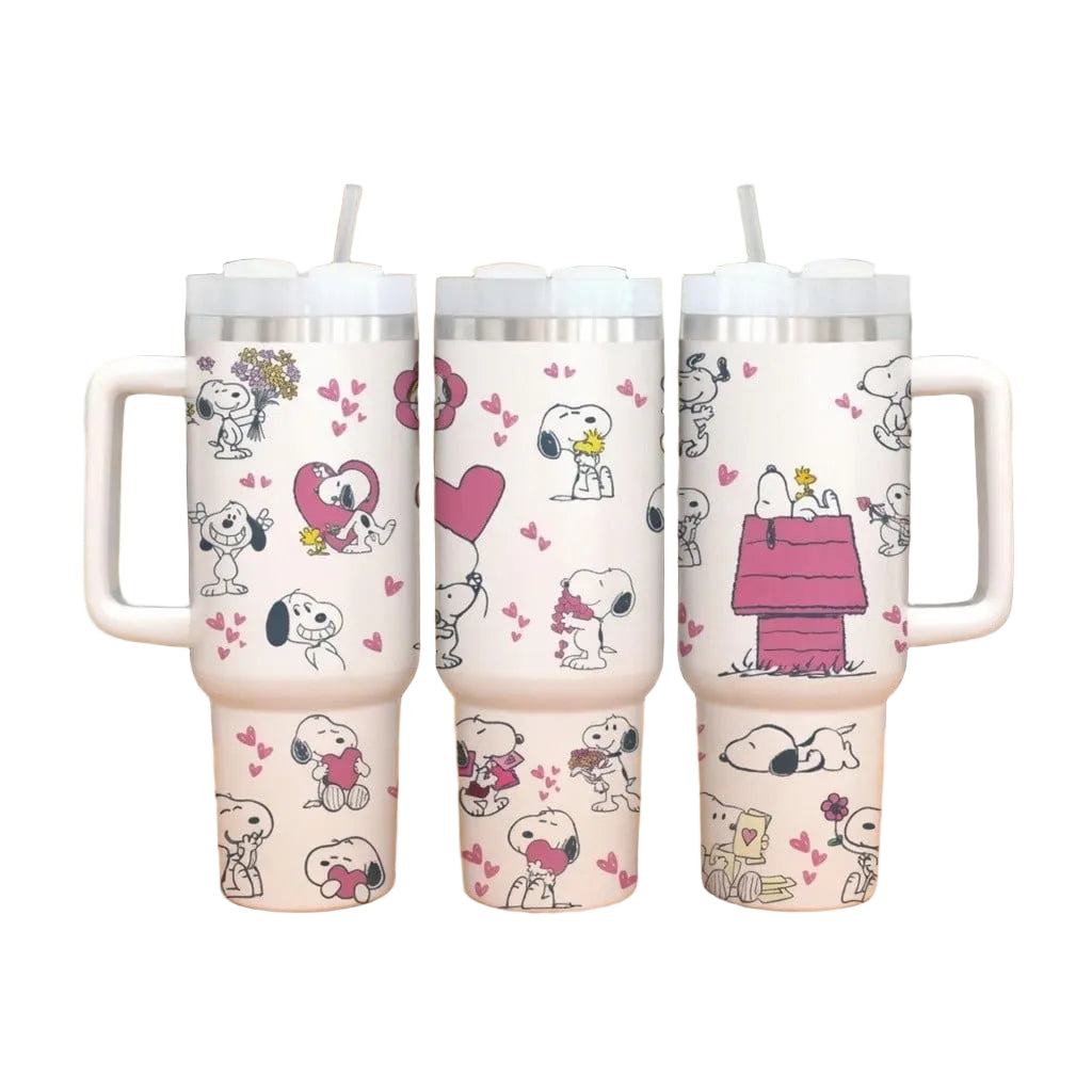 40oz Snoopy Tumbler with Handle - Cute Hearts Flowers Peanuts Collage Cup, Romantic Puppy Dog Insulated Travel Mug, Sweet Gift for Her or Him