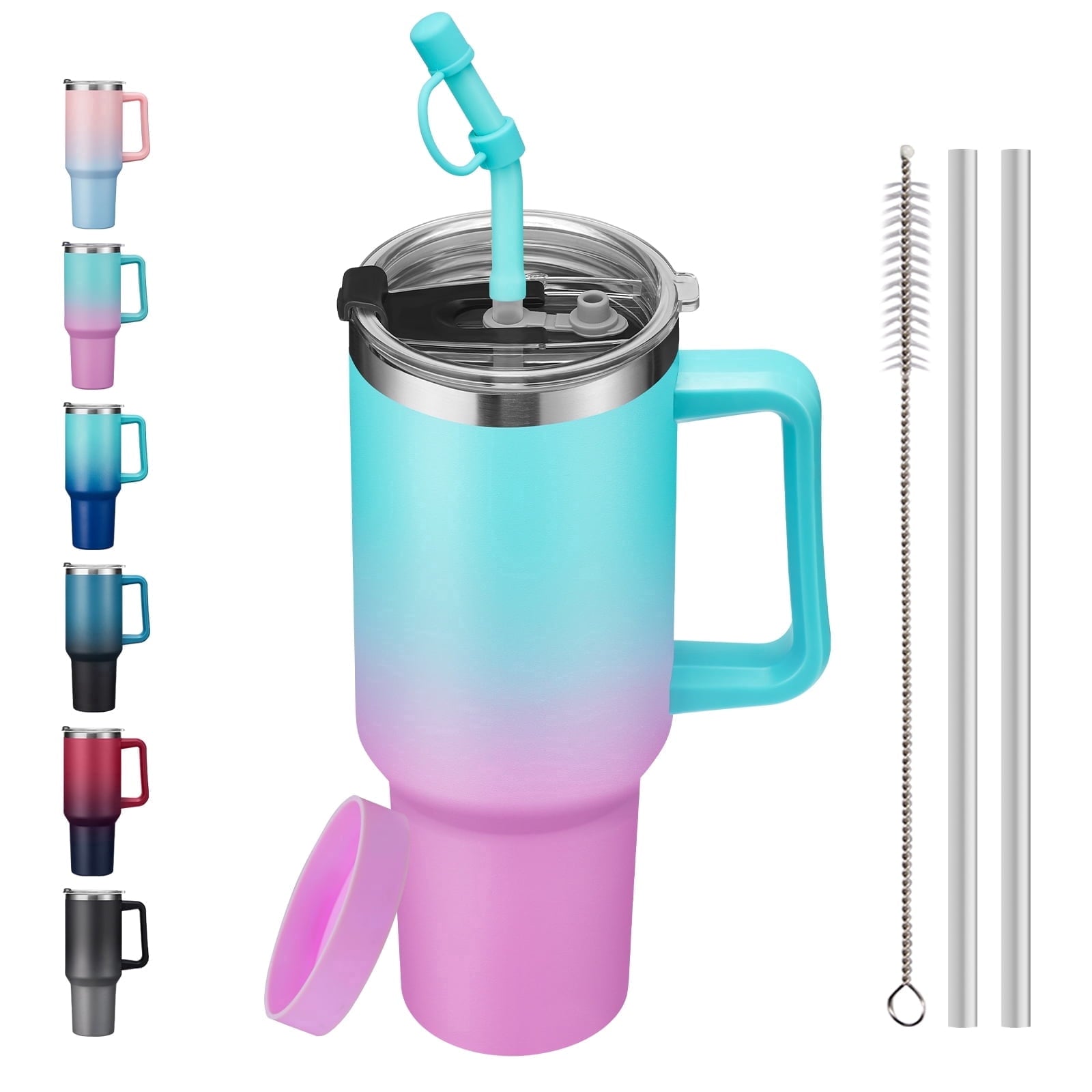 SUNSOC 40oz Insulated Tumbler with Handle and Straw – Stainless Steel - Insulated Travel Coffee Mug