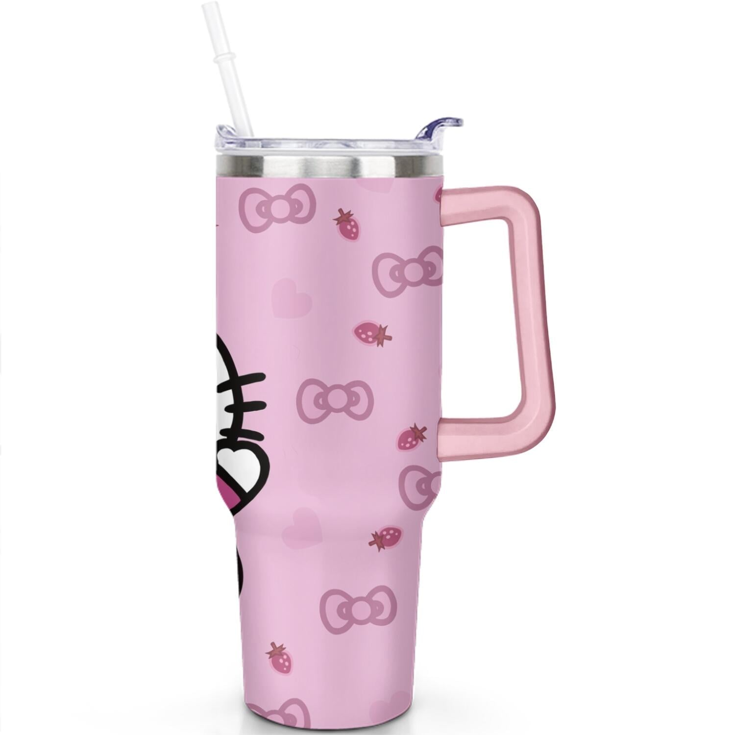 40oz Hello Kawaii Cat Cute Stainless Steel Tumbler with Lid and Straw,Spill Proof Travel Cup Double Wall Vacuum Insulated Coffee Mug with Handle Pink