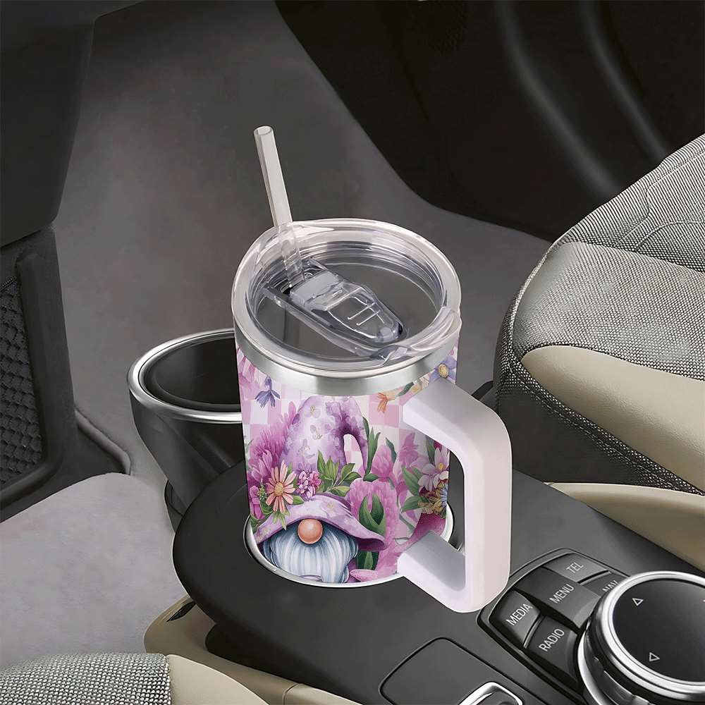 Purple Floral Gnome Stainless Steel Tumbler with Handle and Straw, Insulated Travel Mug for Women, Cute Spring Flower Cup Gift