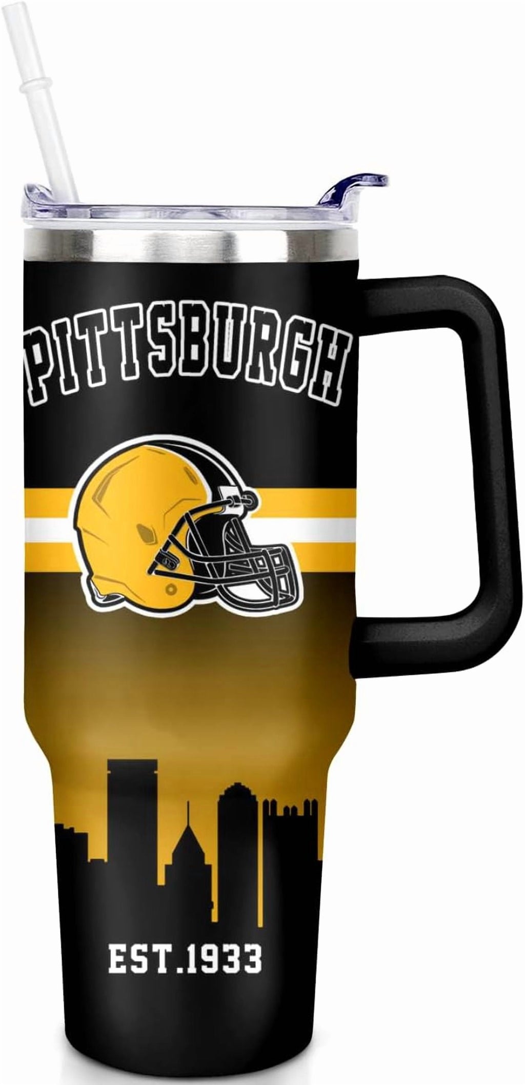 Football 40 OZ Pittsburgh Tumbler with Handle and Straw for Football Fans Gifts Football City Travel Mug Tumbler Cup for Men Women Keeps Drinks Cold & Hot