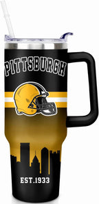 Football 40 OZ Pittsburgh Tumbler with Handle and Straw for Football Fans Gifts Football City Travel Mug Tumbler Cup for Men Women Keeps Drinks Cold & Hot