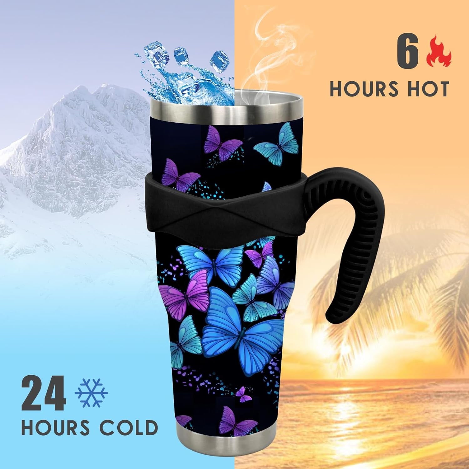 40 oz Tumbler with Handle and Straw 40oz Blue Purple Butterfly Cup Insulated Coffee Travel Mug Spill Proof Leak Proof 40 ounce Stainless Steel Slim 40 oz tumbler with handle and Lid