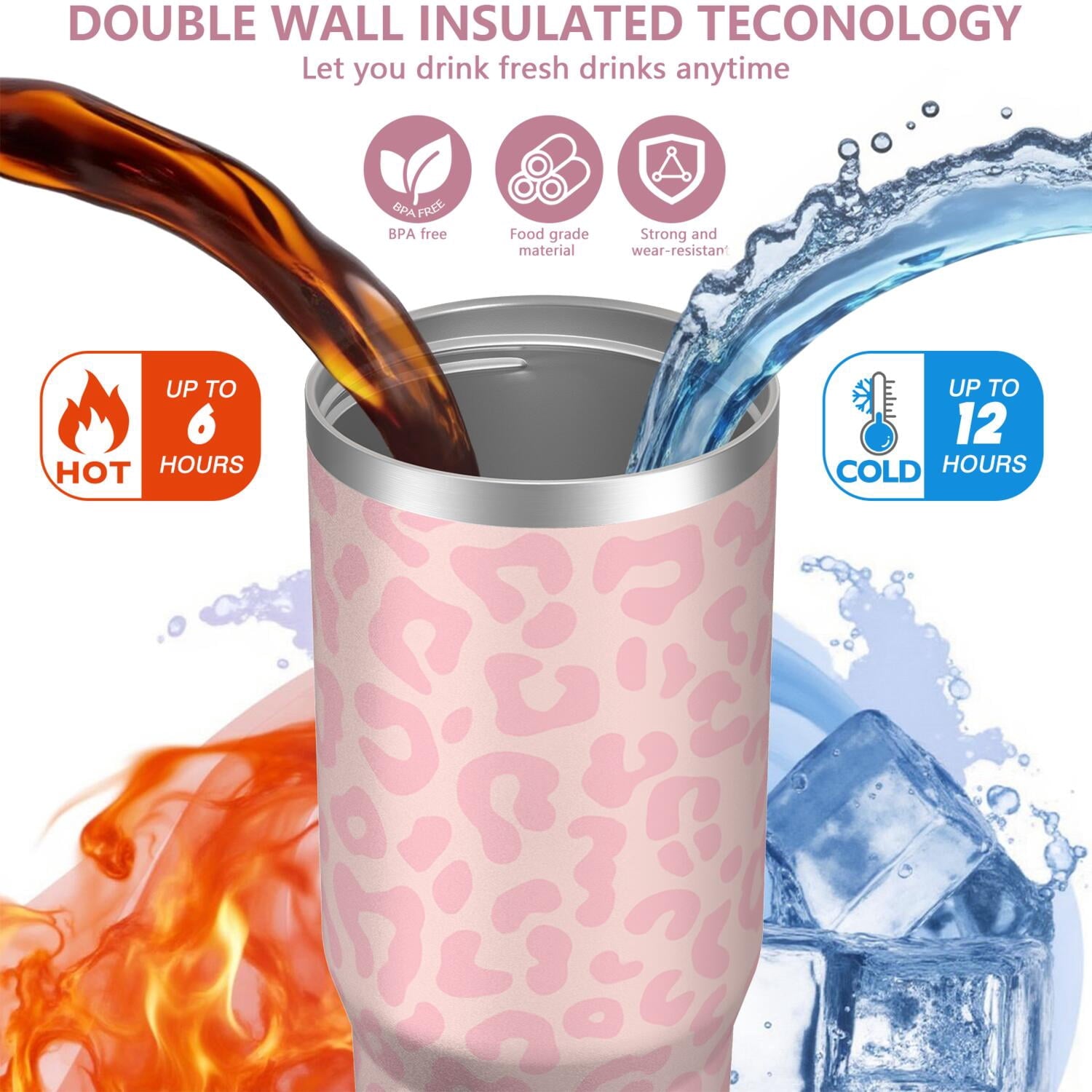 1pc Pink Leopard Print 30oz Tumbler with Straw & Handle - Insulated Stainless Steel Cup | Holiday Gift for Man Women (Christmas, Valentine's, Birthday)