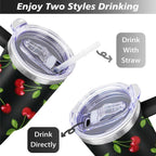 40oz Red Cherry Fruit Pattern Stainless Steel Flip Straw Tumbler Spill Proof Travel Cup Double Wall Vacuum Insulated Coffee Mug with Top Handle