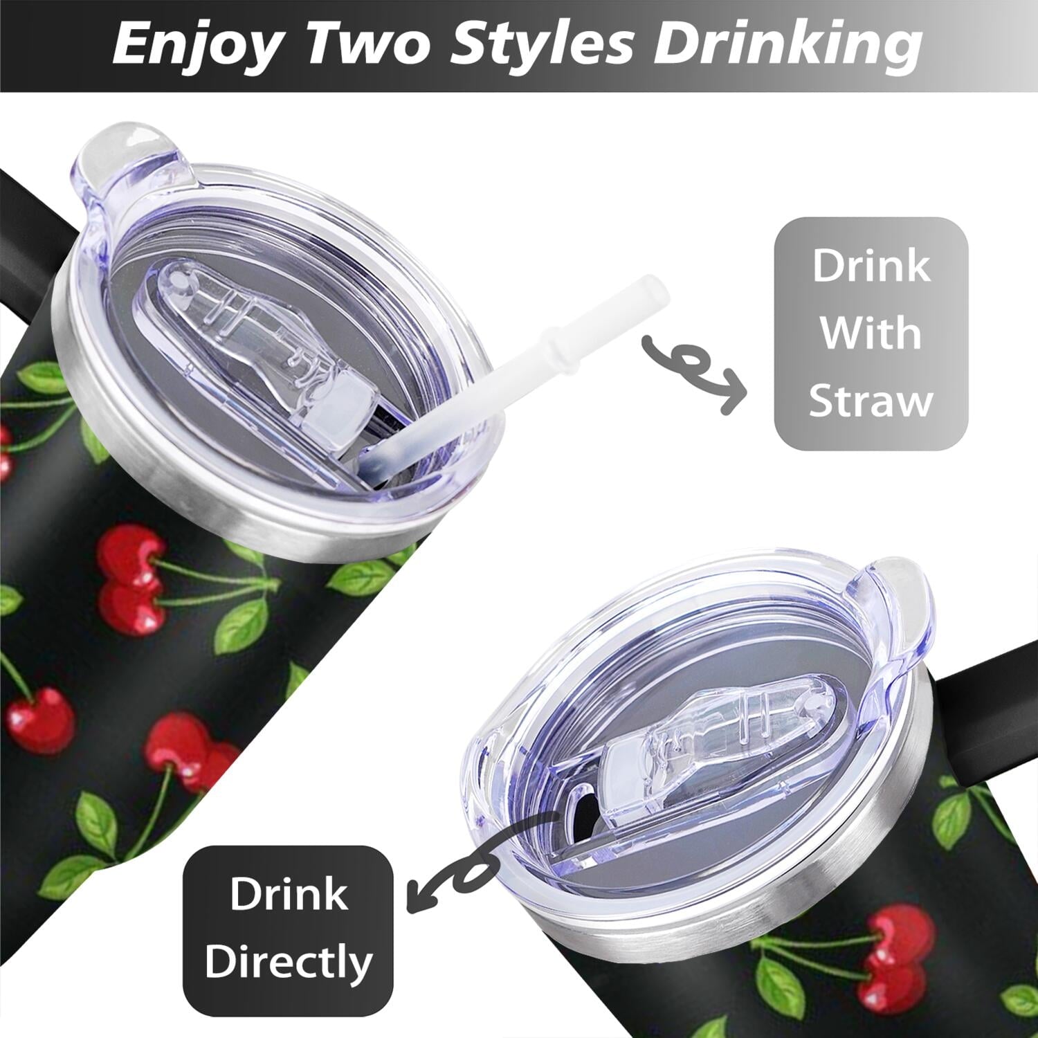 40oz Red Cherry Fruit Pattern Stainless Steel Flip Straw Tumbler Spill Proof Travel Cup Double Wall Vacuum Insulated Coffee Mug with Top Handle