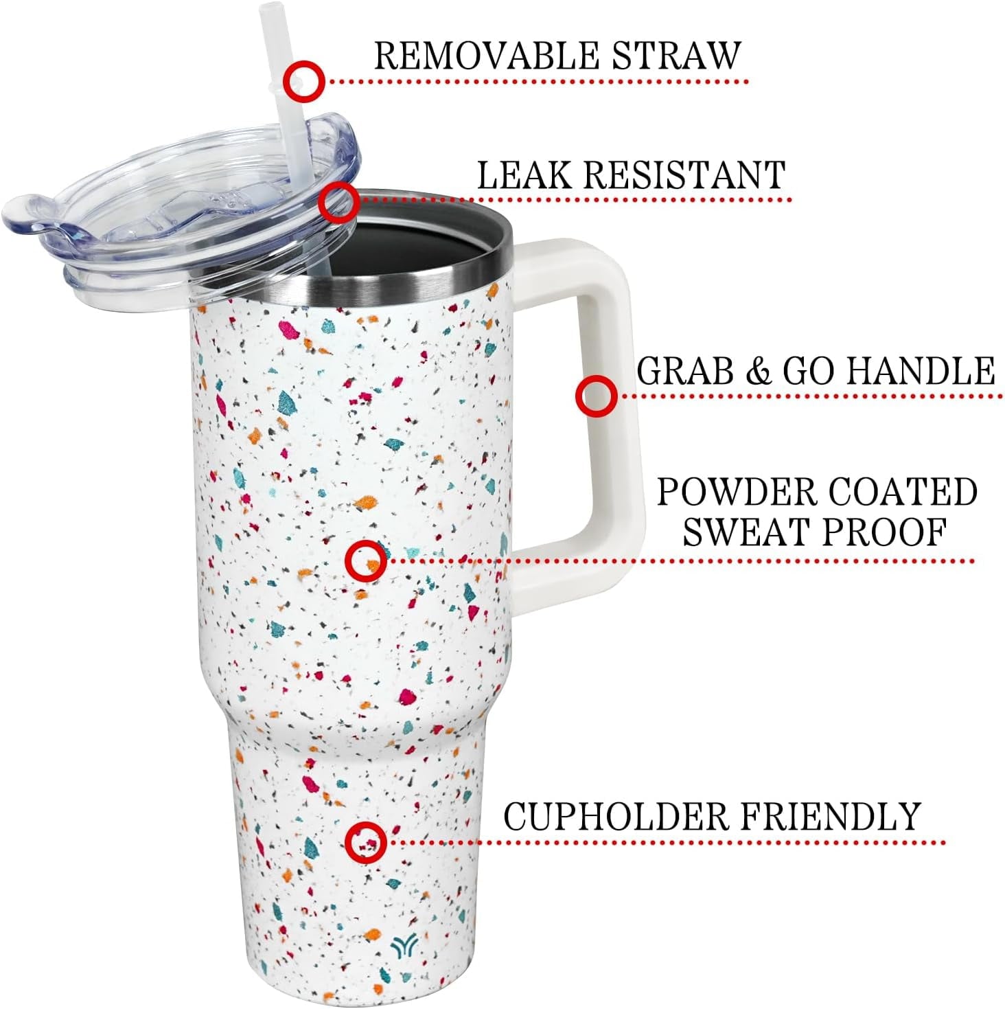 40oz Tumbler with Handle and Straw Lid | Vacuum Insulated Leak Proof Tumbler | Stainless Steel Travel Mug Water Bottle Cup Keeps Cold & Hot | Terrazzo