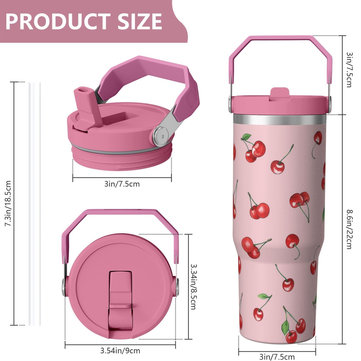 1pc cherry 30oz Tumbler with Straw & Handle - Insulated Stainless Steel Cup | Holiday Gift for Man Women (Christmas, Valentine's, Birthday)