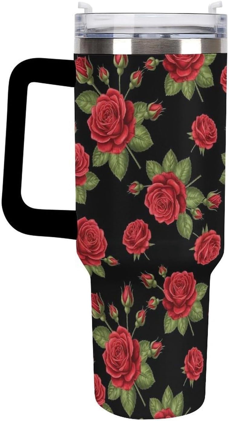 40 oz Insulated Floral Flowers Red Rose Coffee Tumbler with Portable Handle, Stainless Steel Vacuum Travel Mug for Unisex Home, Office Use