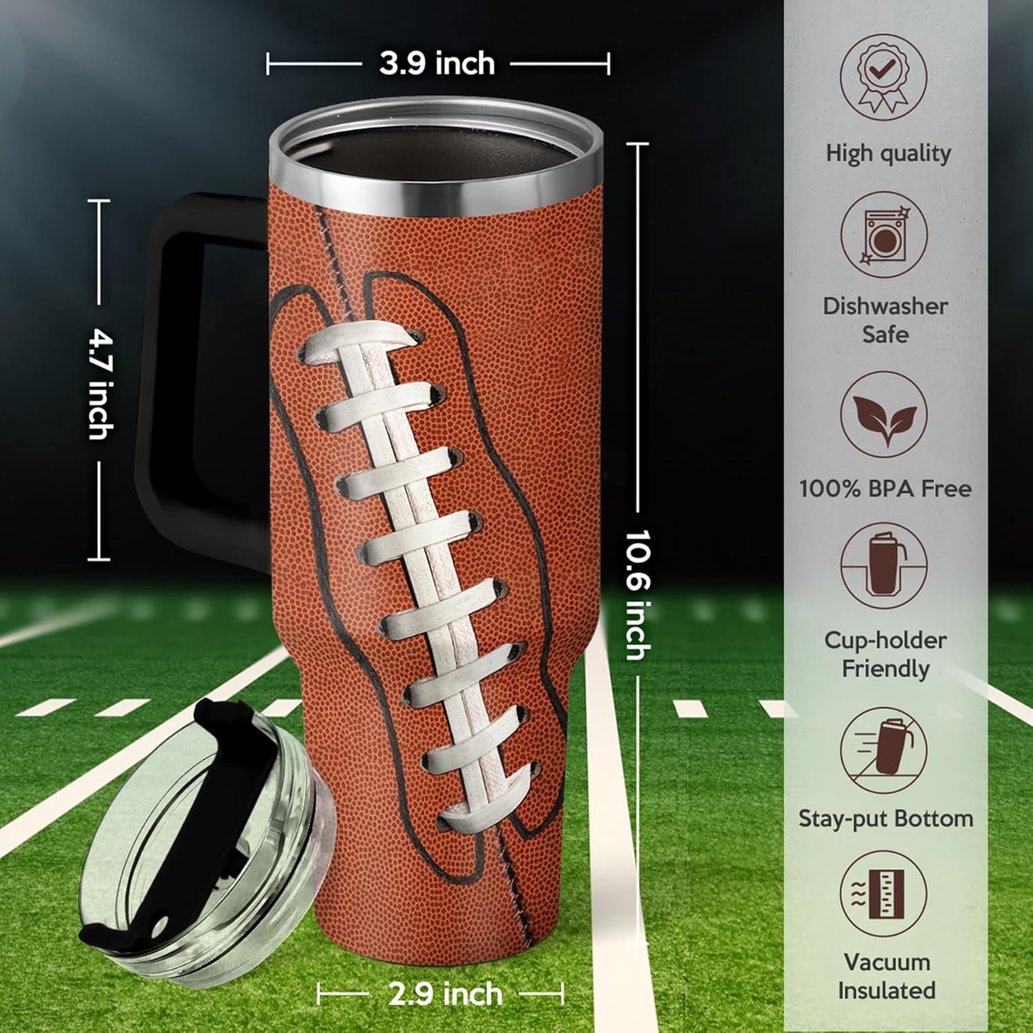 Football Tumbler with Handle 40oz Insulated Stainless Steel Cup with Lid & Straw, Travel Cup, Gifts for Men, Boys, Players, Coaches, Sports Lovers, Christmas, Birthday